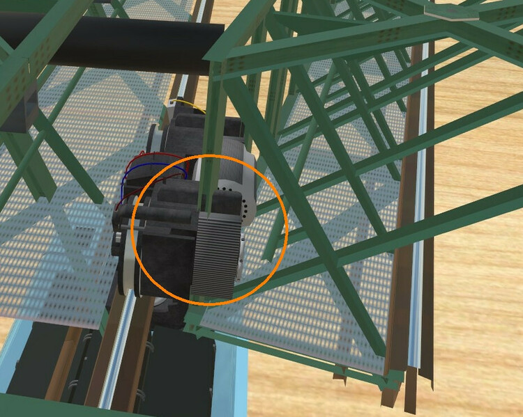 Schwebebahn Weiche rechts Stellung Gerade Antrieb fährt durch Stahlstrebe Detail mit Kreis.jpg